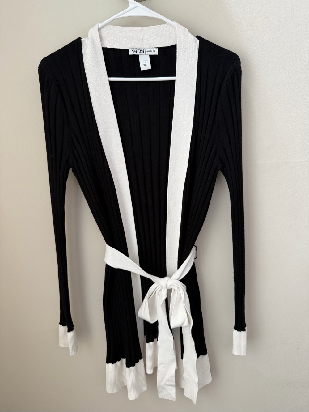 Black and White Ribbed Long Sleeve Cardigan With Waist Tie